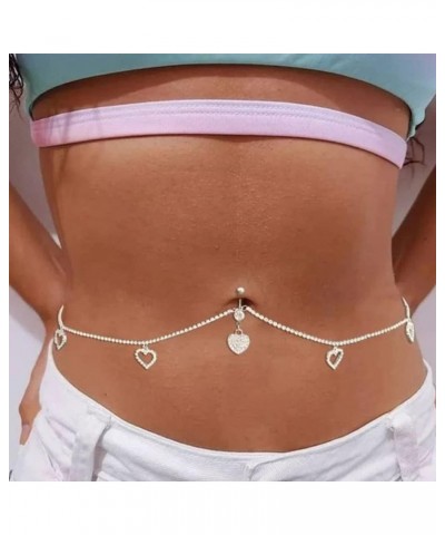 Silver Crystal Belly Button Ring with Chain Rhinestone Heart Waist Body Chain Bikini Belly Jewelry Chain Beach Club Rave Part...