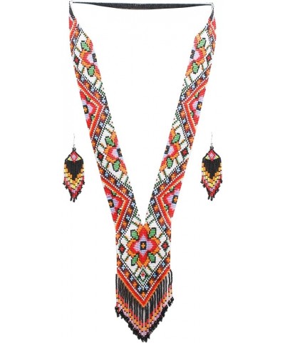 Native Tribal Style Long Statement Beaded Necklace for Women Handmade Red Orange Southwest $12.58 Necklaces