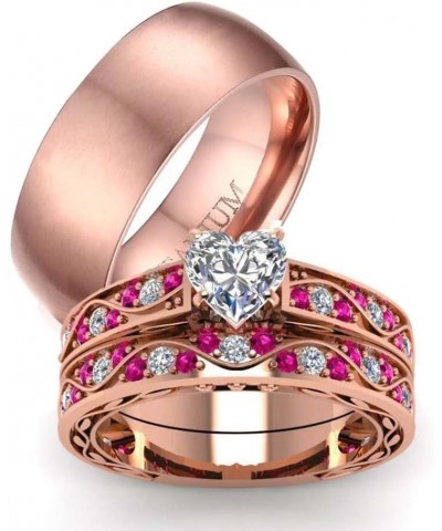 Couple Ring Bridal Set His Hers 10k Women Rose Gold Filled Heart Cut CZ Men Titanium Wedding Ring Band Set women's size 9 & m...