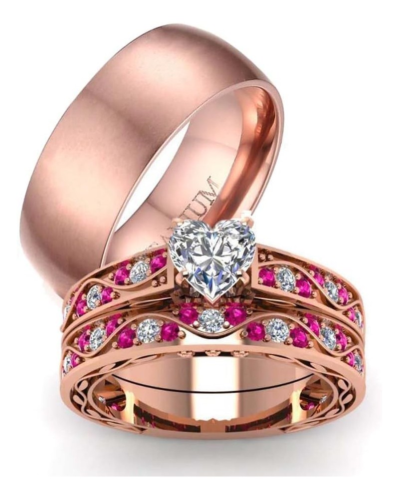 Couple Ring Bridal Set His Hers 10k Women Rose Gold Filled Heart Cut CZ Men Titanium Wedding Ring Band Set women's size 9 & m...