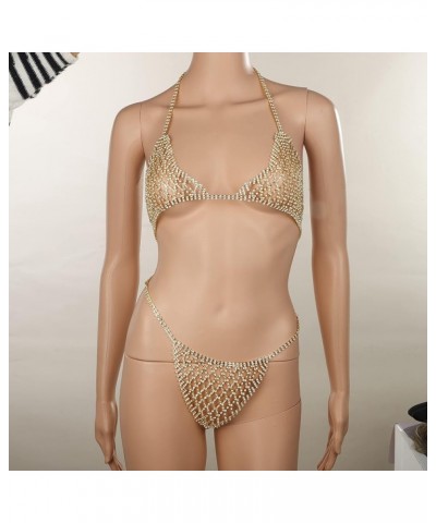 Sexy Full Rhinestone Hollow Woven Mesh Bikini Suit Chain Body Chain Set Rhinestone Beach Luxury Jewelry for Women Gold $17.84...