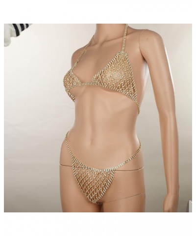 Sexy Full Rhinestone Hollow Woven Mesh Bikini Suit Chain Body Chain Set Rhinestone Beach Luxury Jewelry for Women Gold $17.84...