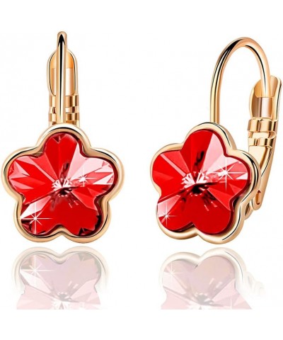 Austrian Crystal Flower Leverback Drop Earrings for Women 14K Rose Gold Plated Hypoallergenic Jewelry Red $12.31 Earrings