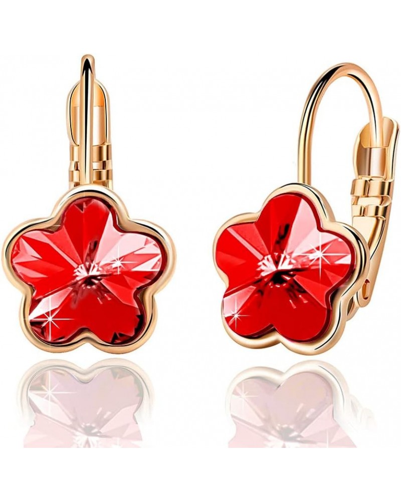 Austrian Crystal Flower Leverback Drop Earrings for Women 14K Rose Gold Plated Hypoallergenic Jewelry Red $12.31 Earrings