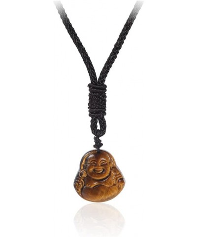 Lucky Tiger Eye Stone Laughing Buddha Pendant Necklace Amulet Talisman Protection Natural Healing Carved Gemstone Rope Chain ...