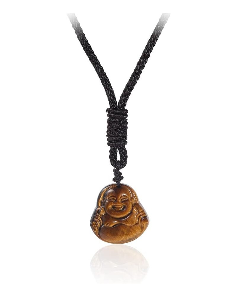 Lucky Tiger Eye Stone Laughing Buddha Pendant Necklace Amulet Talisman Protection Natural Healing Carved Gemstone Rope Chain ...