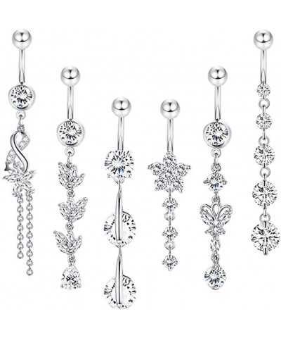 3-6PCS 14G 316L Stainless Steel Belly Button Rings for Women Navel Rings Barbell Dangle Flower CZ Body Piercing C: 6 Pcs Silv...