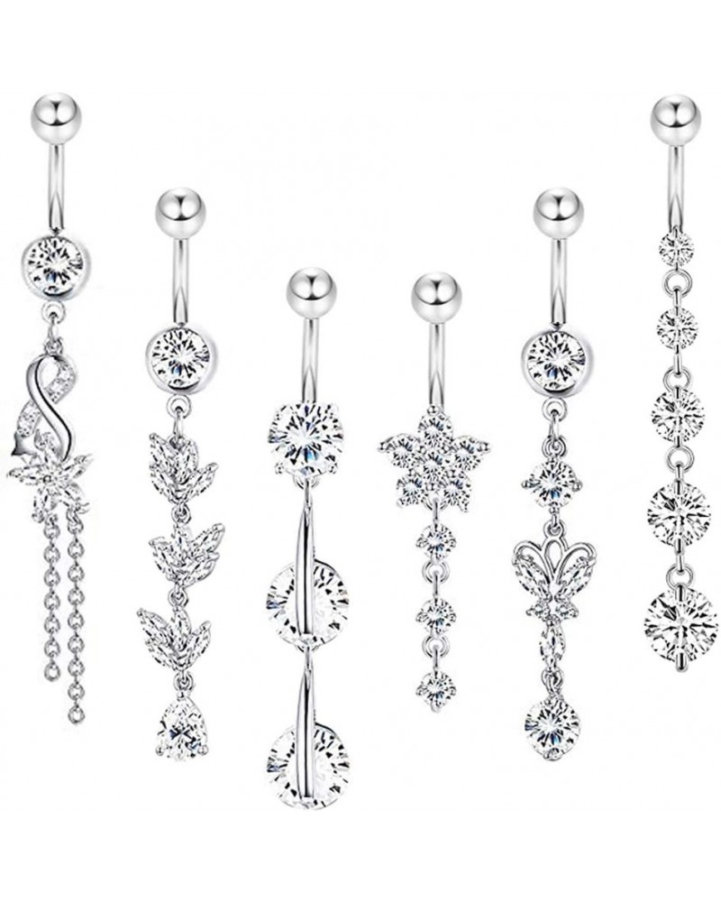 3-6PCS 14G 316L Stainless Steel Belly Button Rings for Women Navel Rings Barbell Dangle Flower CZ Body Piercing C: 6 Pcs Silv...