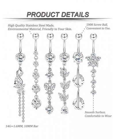 3-6PCS 14G 316L Stainless Steel Belly Button Rings for Women Navel Rings Barbell Dangle Flower CZ Body Piercing C: 6 Pcs Silv...