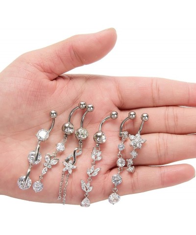 3-6PCS 14G 316L Stainless Steel Belly Button Rings for Women Navel Rings Barbell Dangle Flower CZ Body Piercing C: 6 Pcs Silv...