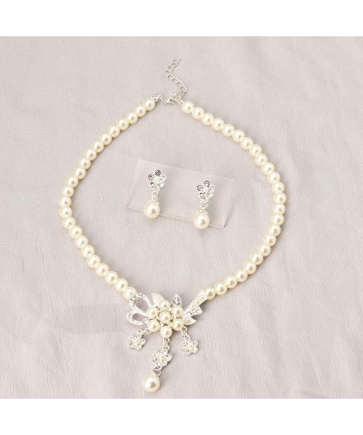 Pearl Necklace and Earrings Set for Women Girls Wedding Flower Pearl and Rhinestone Jewelry Accessories Set Gold and Silver s...