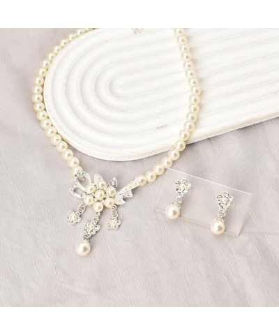 Pearl Necklace and Earrings Set for Women Girls Wedding Flower Pearl and Rhinestone Jewelry Accessories Set Gold and Silver s...