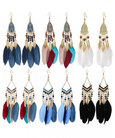 6 Pairs Women Feather Earrings Bohemian Fringe Tassel Long Drop Dangle Earrings Set with Dream Catcher Design Boho Earrings f...