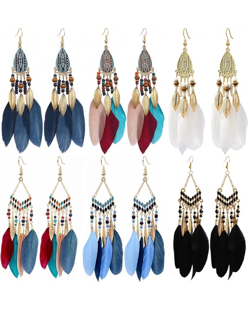 6 Pairs Women Feather Earrings Bohemian Fringe Tassel Long Drop Dangle Earrings Set with Dream Catcher Design Boho Earrings f...