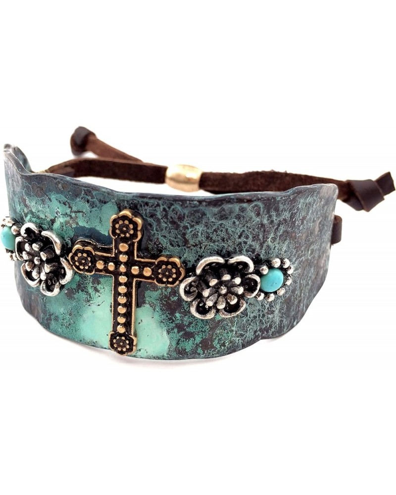 Western Copper Rhinestone Hammered Plate Cross Rose Turquoise Brown Leather Cuff Bracelet Copper $13.63 Bracelets