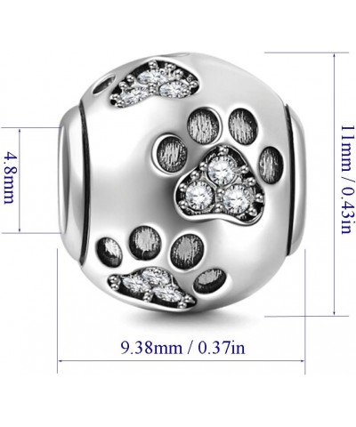 Sterling Silver Dog Paw Print Charm Beads with Cubic Zirconia Crystals fit Pandora Style Beaded Bracelets for Pet Lovers Clea...