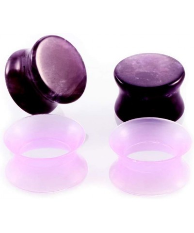 2 Pairs Purple Amethyst Natual Stone/Ultra-thin Silicone Ear Gauges Plugs Tunnels Expanders Stretcher Body Piercing Jewelry,2...