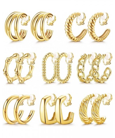 8 Pairs Clip On Hoop Earrings for Women 18K Gold Plated Chunky Hoop Earrings Rubber Pads Non Pierced Fake Earrings Set Gold $...