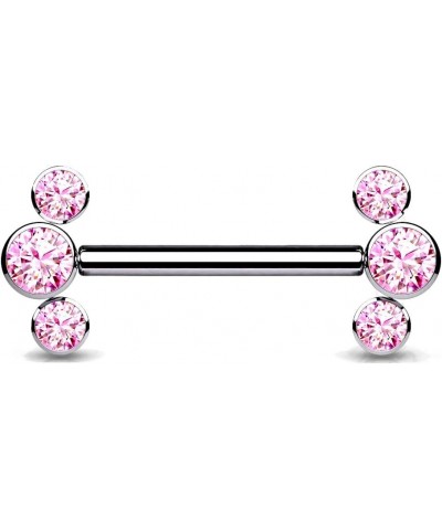 Dynamique Implant Grade Titanium Threadless Push In Nipple Barbell With 3 CZ Bezel Set Ends (Sold Per Pair Or Per Piece) Pink...