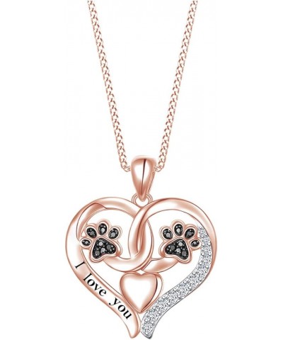 Round Cut White & Black Cubic Zirconia Double Paw Print "I love you" Engraved Heart Pendant Necklace Jewelry For Women In 14k...