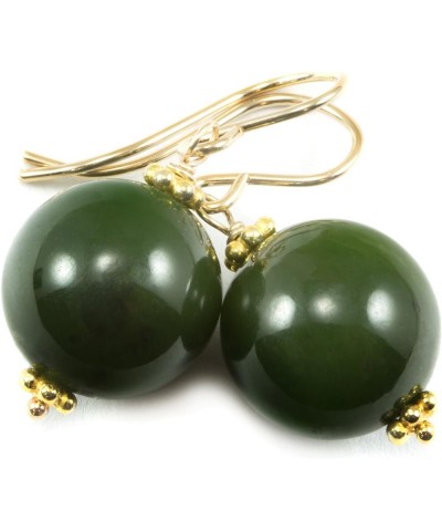 Nephrite Green Jade Earrings Large Round Smooth Simple Drops Beaded Accents Yellow Gold $42.84 Earrings