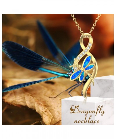 Solid 14k Gold Dragonfly Necklace for Women, 14kt Real Gold Infinity Opal Dragonfly Pendant Necklaces Dainty Jewelry Gifts fo...