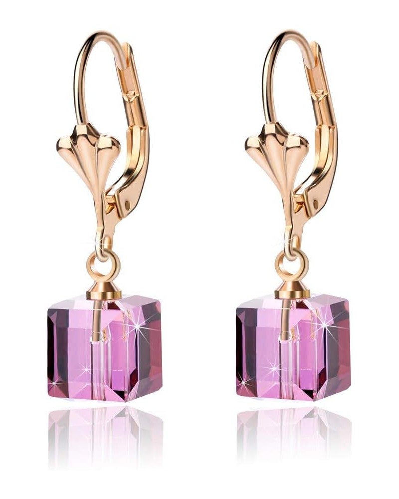 Austrian Crystal Cube Drop Earrings for Women Leverback Dangle Earrings 14K Gold Plated Hypoallergenic Jewelry Amethyst $13.1...