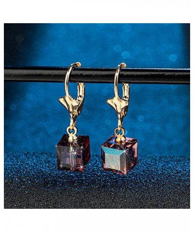 Austrian Crystal Cube Drop Earrings for Women Leverback Dangle Earrings 14K Gold Plated Hypoallergenic Jewelry Amethyst $13.1...