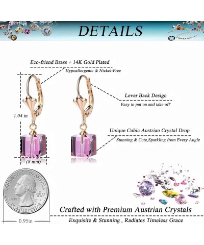 Austrian Crystal Cube Drop Earrings for Women Leverback Dangle Earrings 14K Gold Plated Hypoallergenic Jewelry Amethyst $13.1...