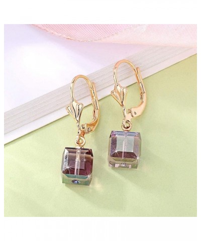 Austrian Crystal Cube Drop Earrings for Women Leverback Dangle Earrings 14K Gold Plated Hypoallergenic Jewelry Amethyst $13.1...