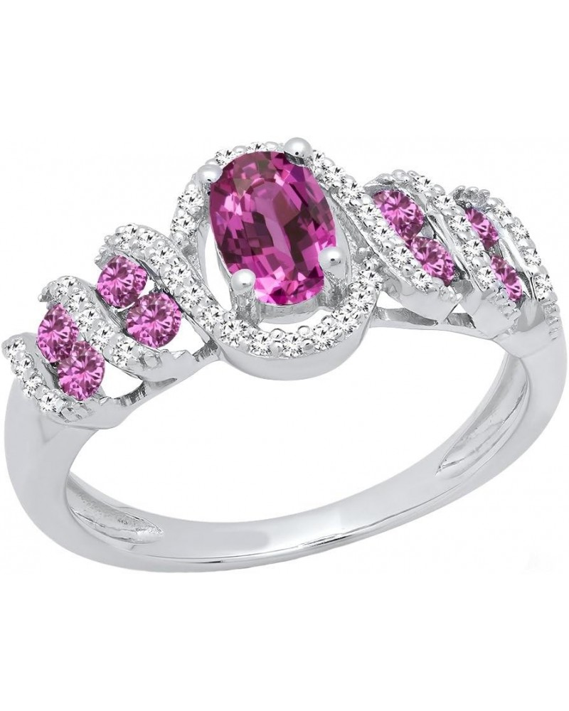 6X4 MM Lab Created Oval & Round Gemstone & Round Diamond Ladies Engagement Ring, Sterling Silver Pink Sapphire $66.28 Rings