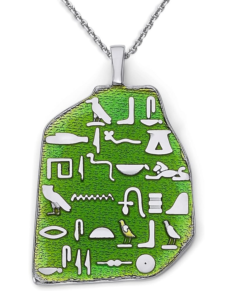 Egyptian Stone Slab with Hieroglyphics in Sterling Silver, Green Enamel, Made in America, Egyptian Fine Jewelry 22" Necklace ...