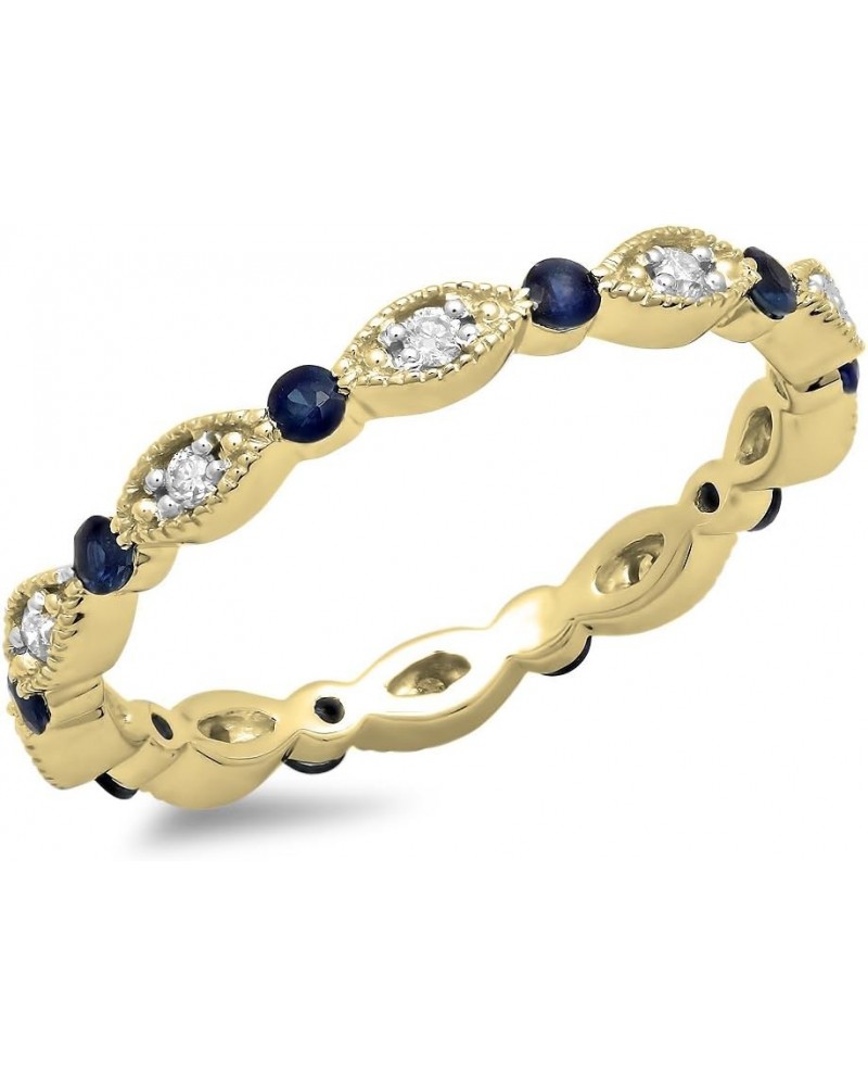 10K Gold Round Blue Sapphire & White Diamond Ladies Wedding Eternity Band Stackable Ring Yellow Gold $145.22 Rings