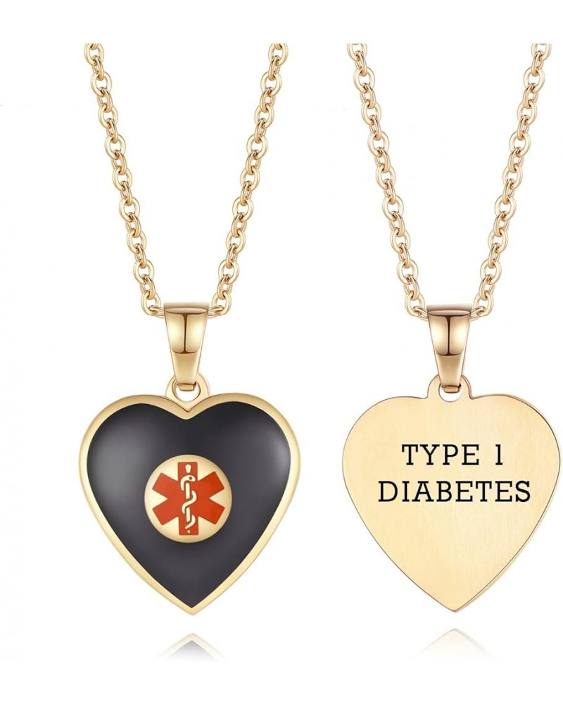 Free Engraving Heart Charm Medical ID Alert Necklaces for Women GOLD / BLACK type 1 diabetes $12.37 Necklaces