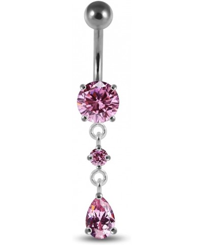 Round with Teardrop CZ Stone Dangling 925 Sterling Silver with Stainless Steel Belly Button Ring Pink $10.83 Body Jewelry