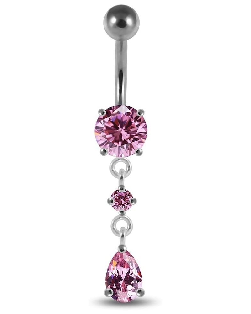 Round with Teardrop CZ Stone Dangling 925 Sterling Silver with Stainless Steel Belly Button Ring Pink $10.83 Body Jewelry