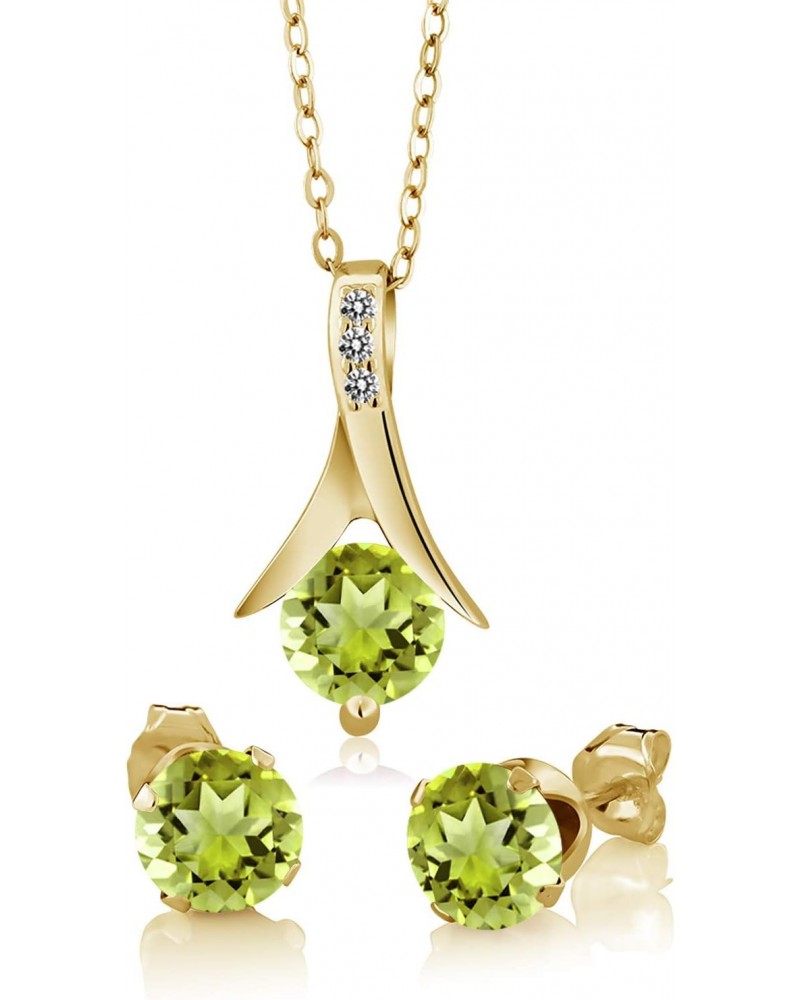 18K Yellow Gold Plated Silver Green Peridot and White Diamond Pendant and Earrings Jewelry Set For Women (2.60 Cttw with 18 I...