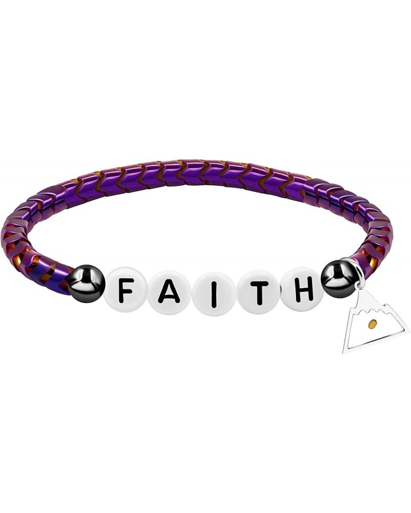 Faith Bracelet Gear-shaped Hematite Bangle with Mustard Seed Charm Inspirational Religious Jewelry with Gift Box Purple-trian...