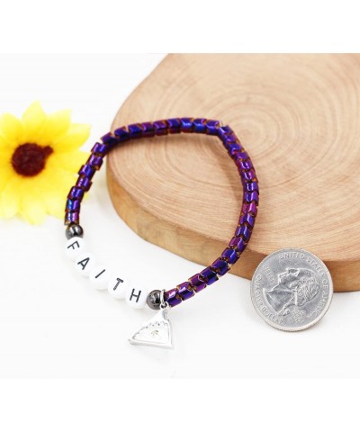 Faith Bracelet Gear-shaped Hematite Bangle with Mustard Seed Charm Inspirational Religious Jewelry with Gift Box Purple-trian...