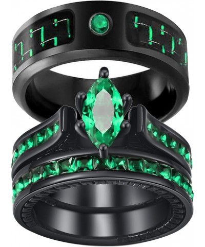 His and Her Couple Rings Black Matching Ring 1.5ct Green CZ Women Wedding Ring Sets for Him and Her women's size 6 & men's si...