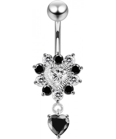 Fancy Dual Heart Dangling 925 Sterling Silver with Stainless Steel Belly Button Navel Rings Black $14.75 Body Jewelry