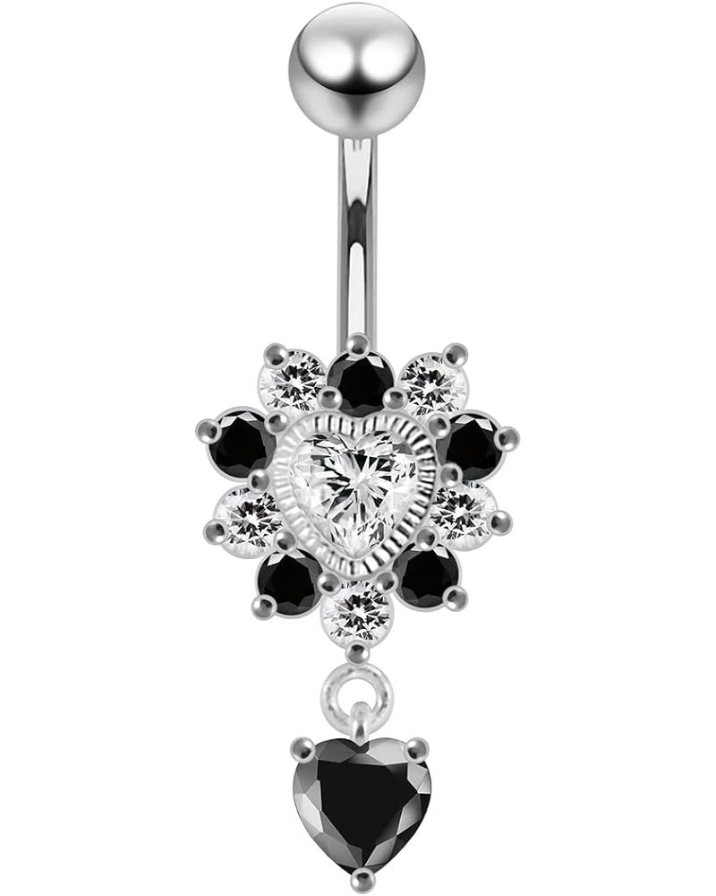 Fancy Dual Heart Dangling 925 Sterling Silver with Stainless Steel Belly Button Navel Rings Black $14.75 Body Jewelry