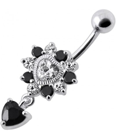 Fancy Dual Heart Dangling 925 Sterling Silver with Stainless Steel Belly Button Navel Rings Black $14.75 Body Jewelry