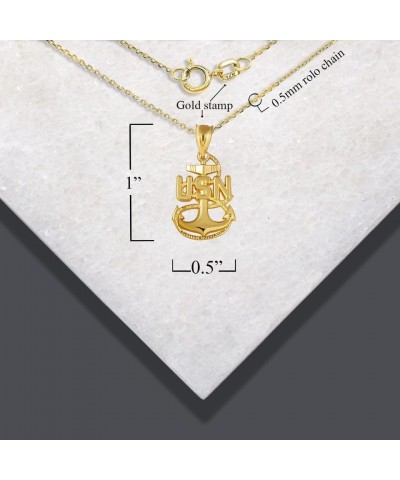 United States Navy Officially Licensed Chief Petty Officer Anchor Emblem Fine Pendant Necklace With Rolo Chain Real Solid 14K...