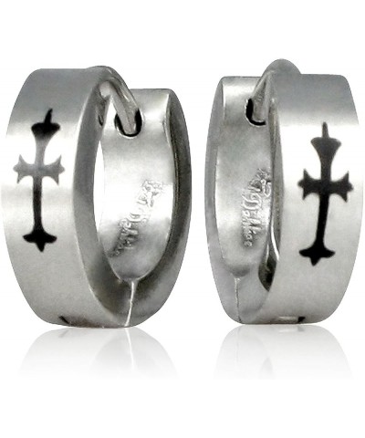 Stainless Steel Cross Design Huggie Hoop Earrings - Various Designs 4mm Cross - Silver $9.87 Earrings