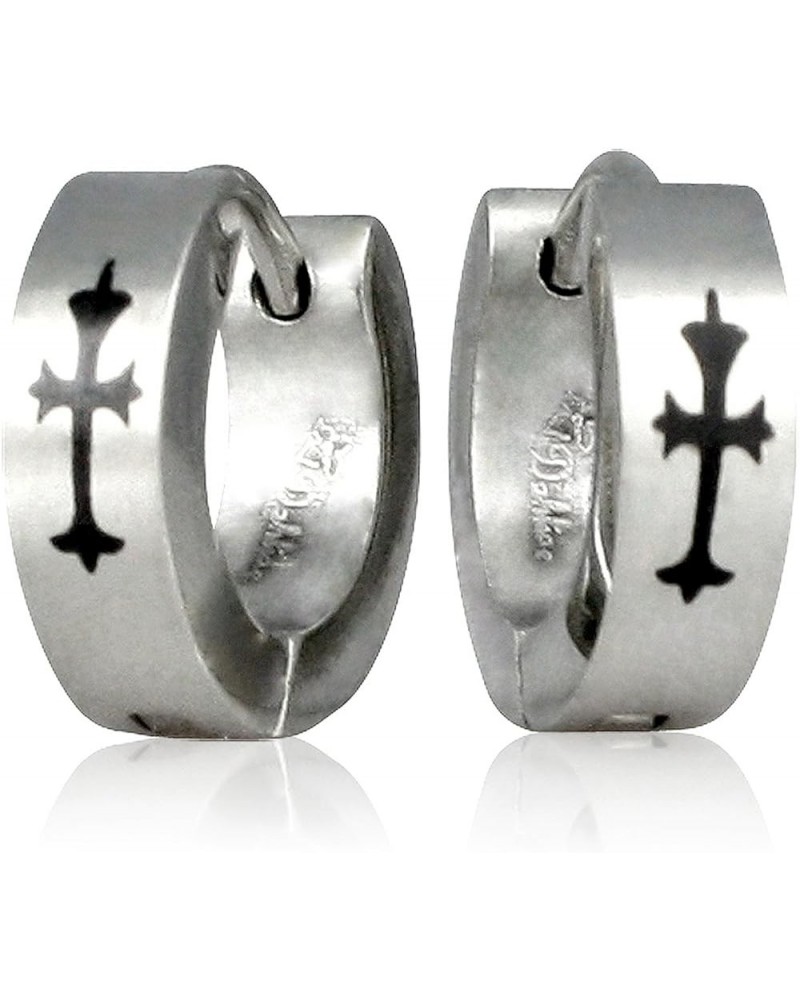 Stainless Steel Cross Design Huggie Hoop Earrings - Various Designs 4mm Cross - Silver $9.87 Earrings