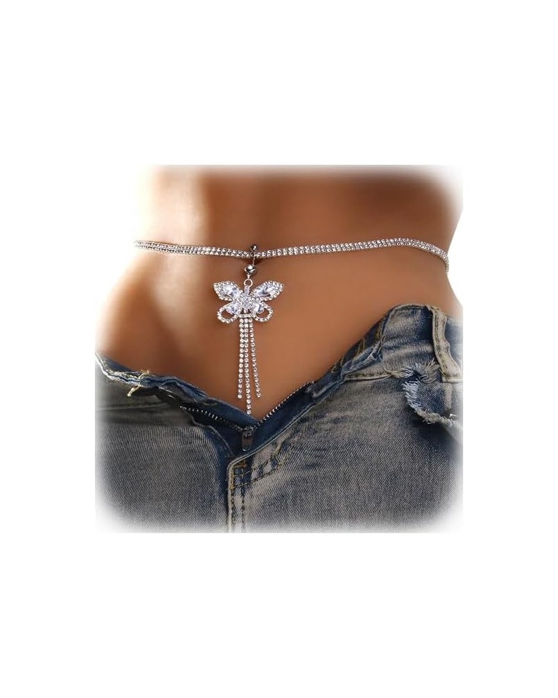 Sexy Rhinestone Waist Chain with Heart Dangle Belly Summer Crystal Button Chain Navel Piercing Belly Ring Chain Bikini Festiv...