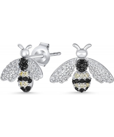 Vintage Art Deco Style 3D Pave CZ Gemstone Jade Garden Insect Queen Bumble Bee Black White Freshwater Cultured Pearl Stud Ear...