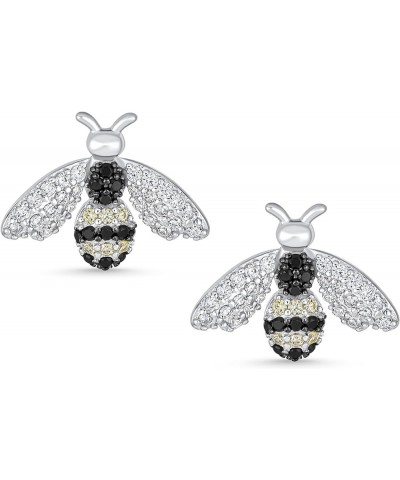 Vintage Art Deco Style 3D Pave CZ Gemstone Jade Garden Insect Queen Bumble Bee Black White Freshwater Cultured Pearl Stud Ear...