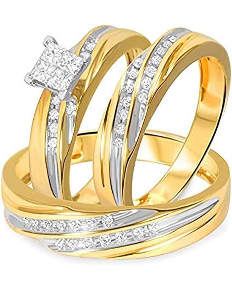 Princess D/VVS1 Diamond 14K Two-Tone Gold Plated 925 Sterling Silver Bridal Wedding Trio Ring Set for Him & Her Women Size 14...